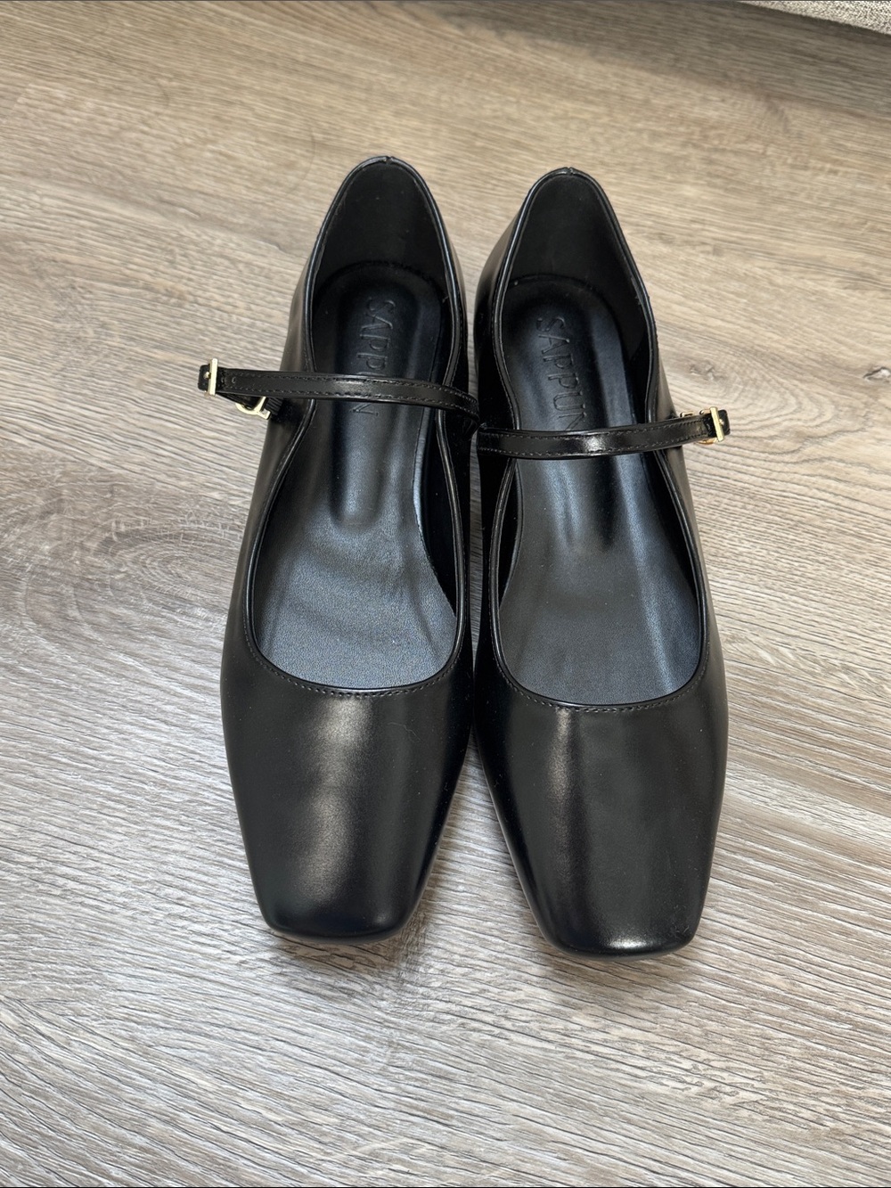 Sappun Black Square-Toe Mary Jane Flats with Gold Buckles
